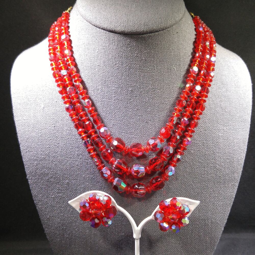 Vintage Czech Red Glass AB 3 Strand Necklace Earrings Set 1950s